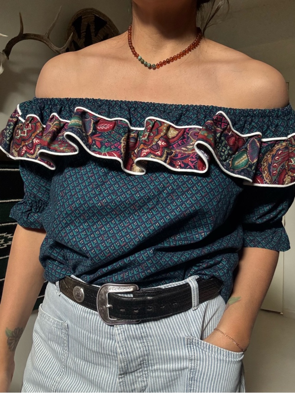 Off-Shoulder Teal Ruffle Peasant Top - Unbranded